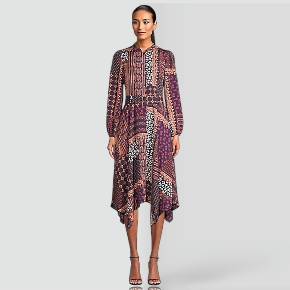Vince Camuto Patchwork Long-Sleeve Asymmetric Midi Shirt Dress Handkerchief Hem